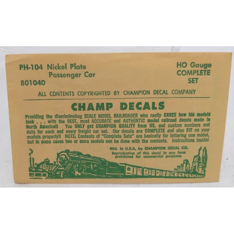 Champ Decals PH-104 HO Scale Nickel Plate Passenger Car Decals