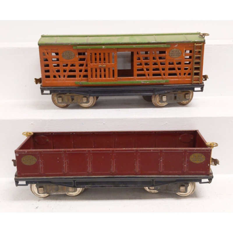 Lionel Vintage Standard Gauge 213 Cattle Car & 212 Maroon Gondola