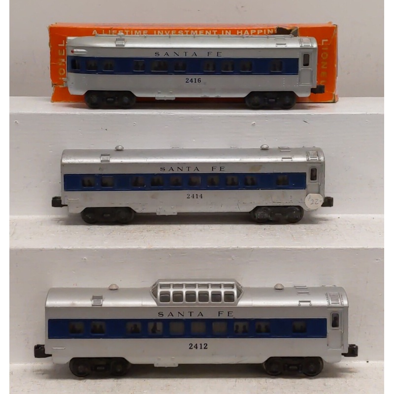 Lionel 2412S Vintage O Santa Fe Blue Stripe Pass Cars: 2412,2414,2416 (Set of 3) VG/Box