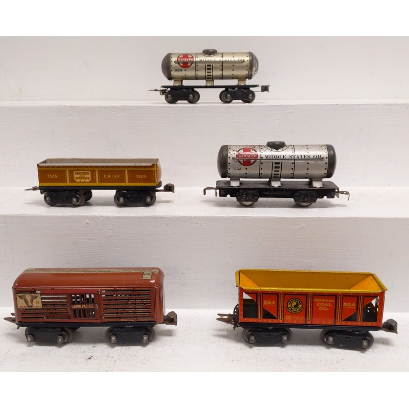 Marx Vintage O Assorted Tinplate Freight Cars: 552G, 554, 59, 553 [5] VG