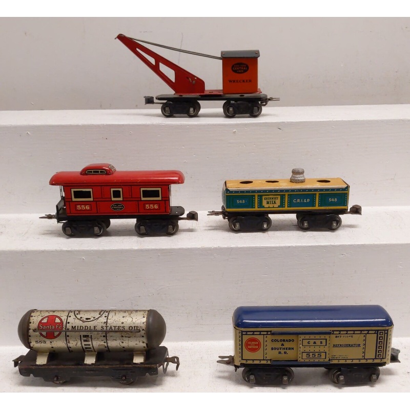 Marx Vintage O Tinplate Freight Cars: 548, 555, 556, 553, NYC Wrecker [5] VG