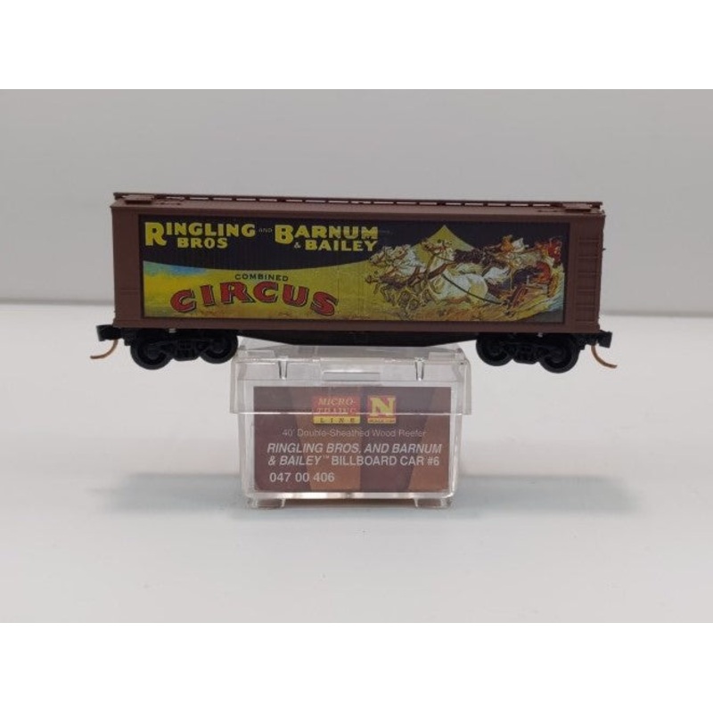 Micro-Trains 04700406 N Scale Ringling Bros 40′ Billboard Wood Reefer Car #6 LN/Box