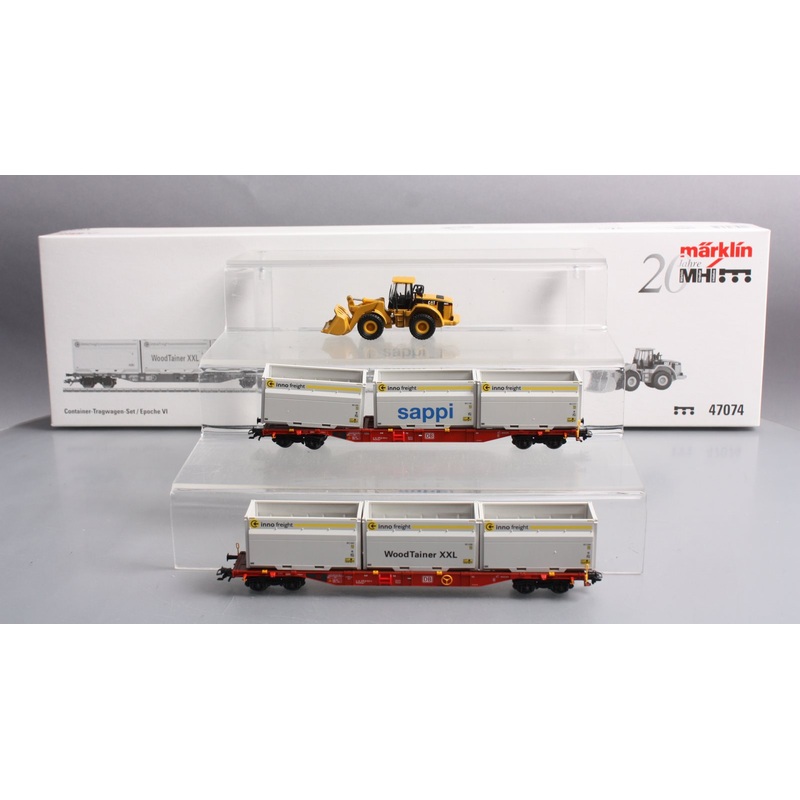 Marklin 47074 HO Flatcar Set w/Type XXL WoodTainer Containers & Cat Front Loader EX/Box