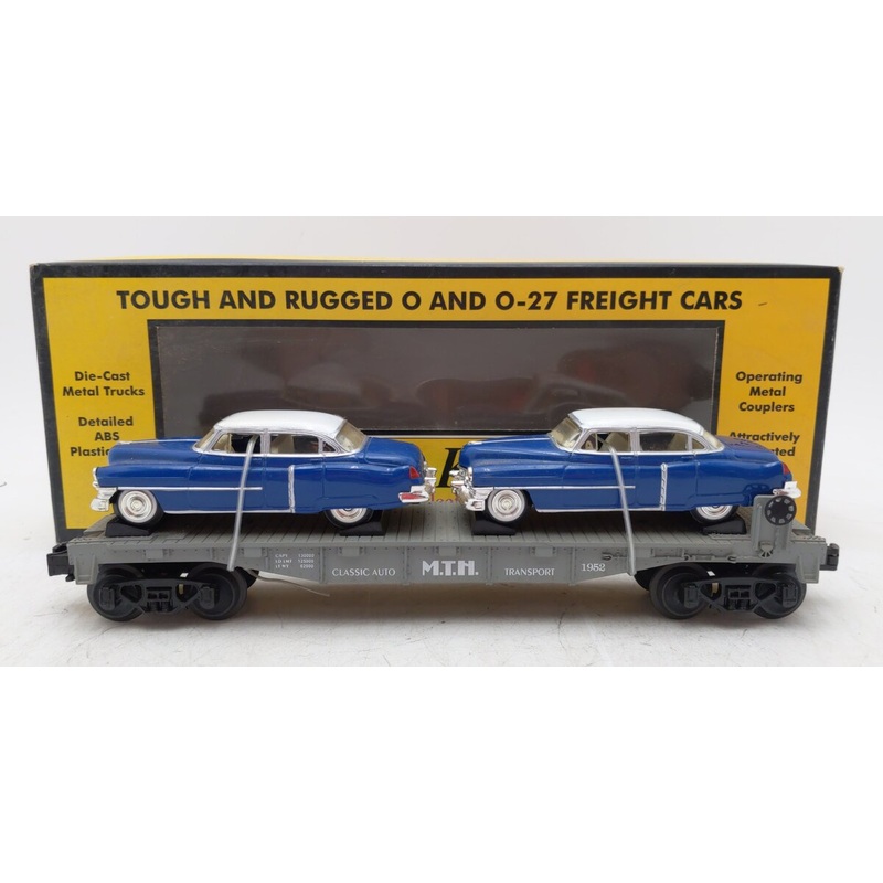 MTH 30-7607L O Gauge MTH Flatcar with Two Ertl ’52 Cadillacs VG/Box