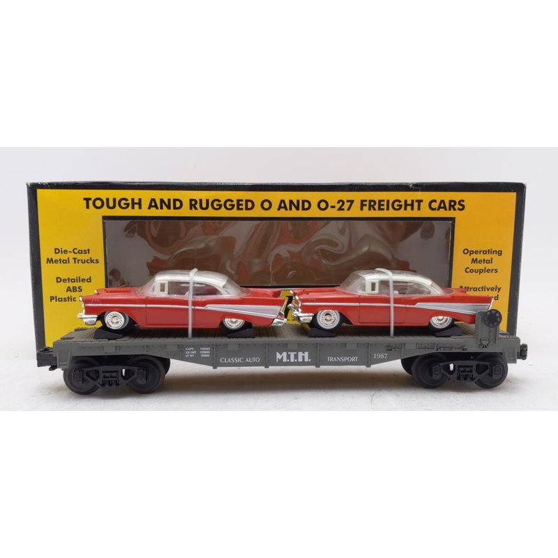 MTH 30-7610 O Gauge MTH Lines Flat Car with 2 Red Ertl ’57 Chevys EX/Box