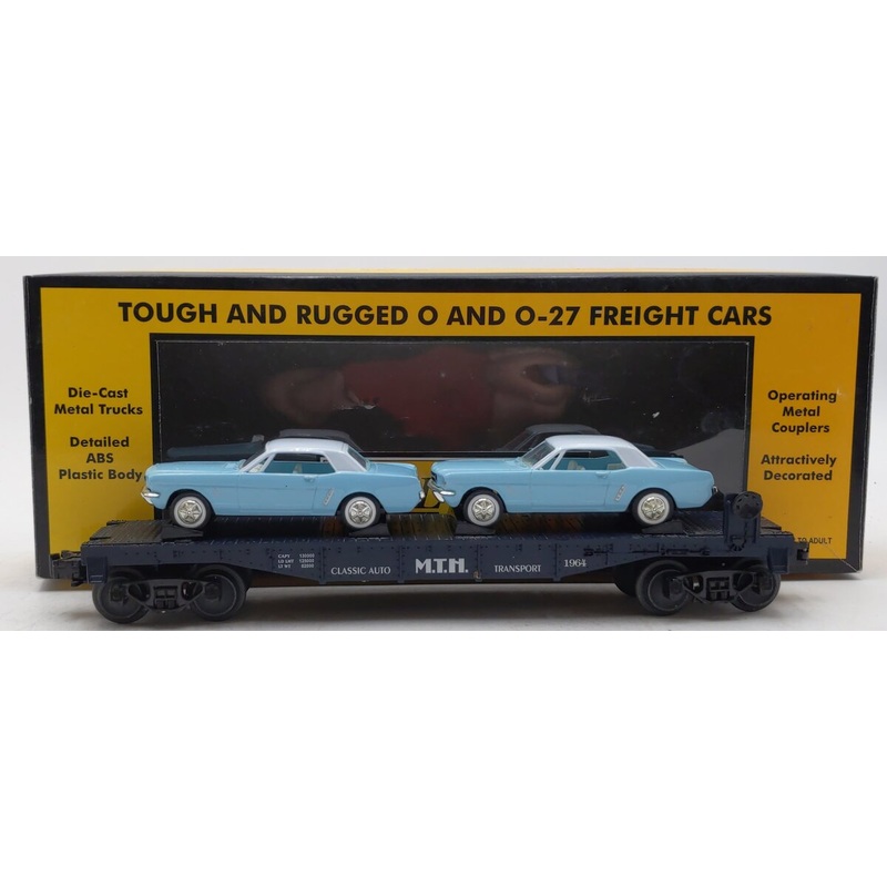 MTH 30-7617 O Gauge MTH Auto Transport Flat Car with 2 Ertl ’64 Mustangs EX/Box