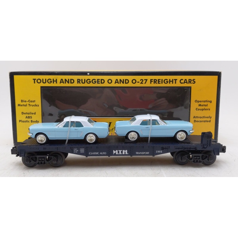 MTH 30-7617 O Gauge MTH Auto Transport Flat Car with 2 Ertl ’64 Mustangs VG/Box