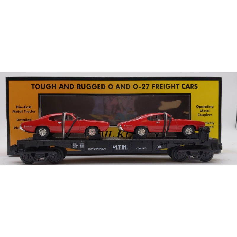 MTH 30-7639 O Gauge MTH Auto Transportation Flatcar with 2 Ertl ’68 GTOs #1968 LN/Box