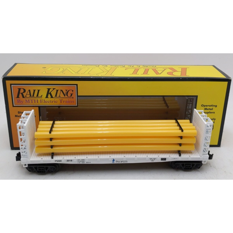 MTH 30-76715 O Peoples Gas Flat Car with Bulkheads and Pipe Load #2018 LN/Box