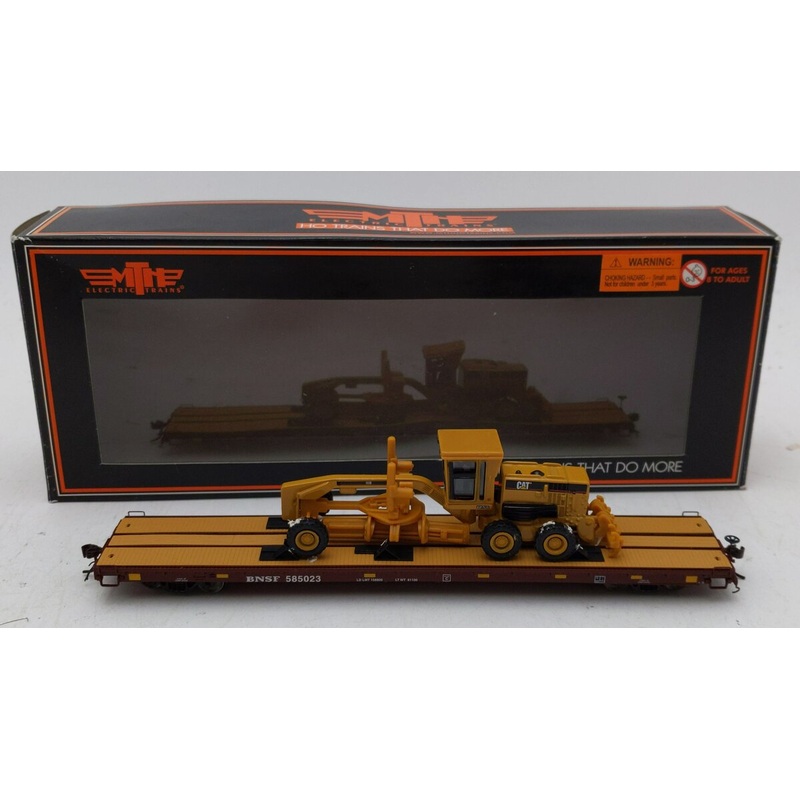 MTH 80-98017 Burlington Northern Santa Fe HO 60′ Wood Flat Car w/163H Grader EX/Box
