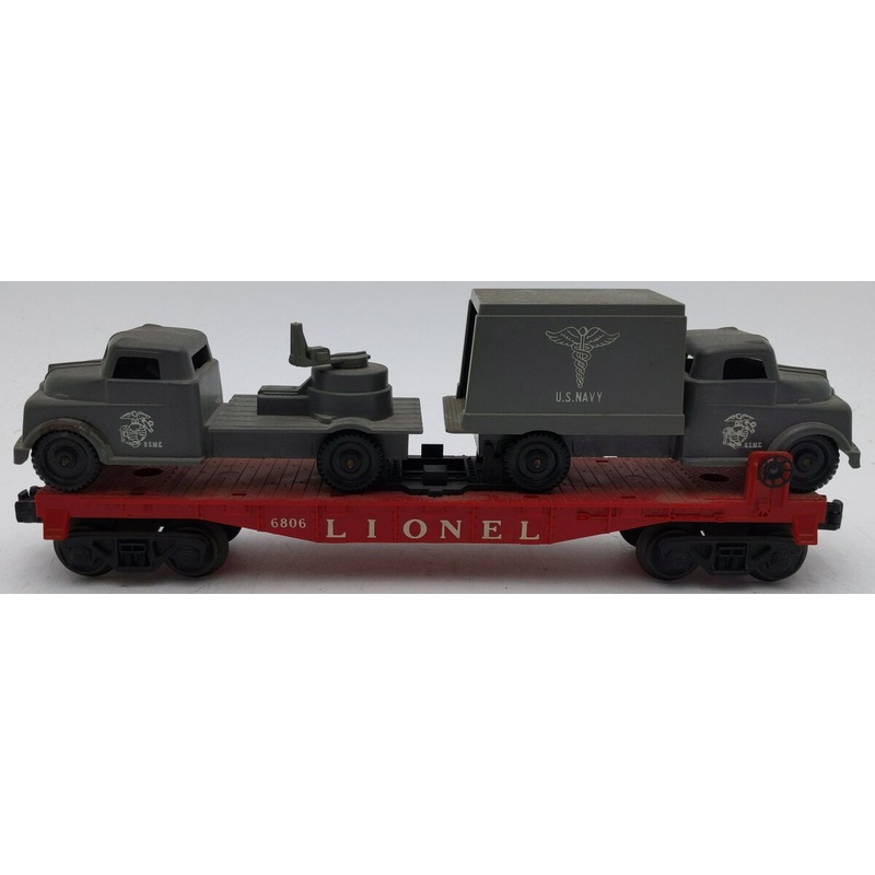 Lionel 6806 Vintage O Flatcar w/ USMC Radar Truck & Medical Box Truck VG