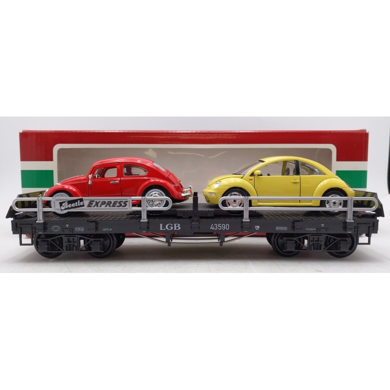 LGB 43590 Black Flatcar w/2 Beetle Cars – Metal Wheels VG/Box