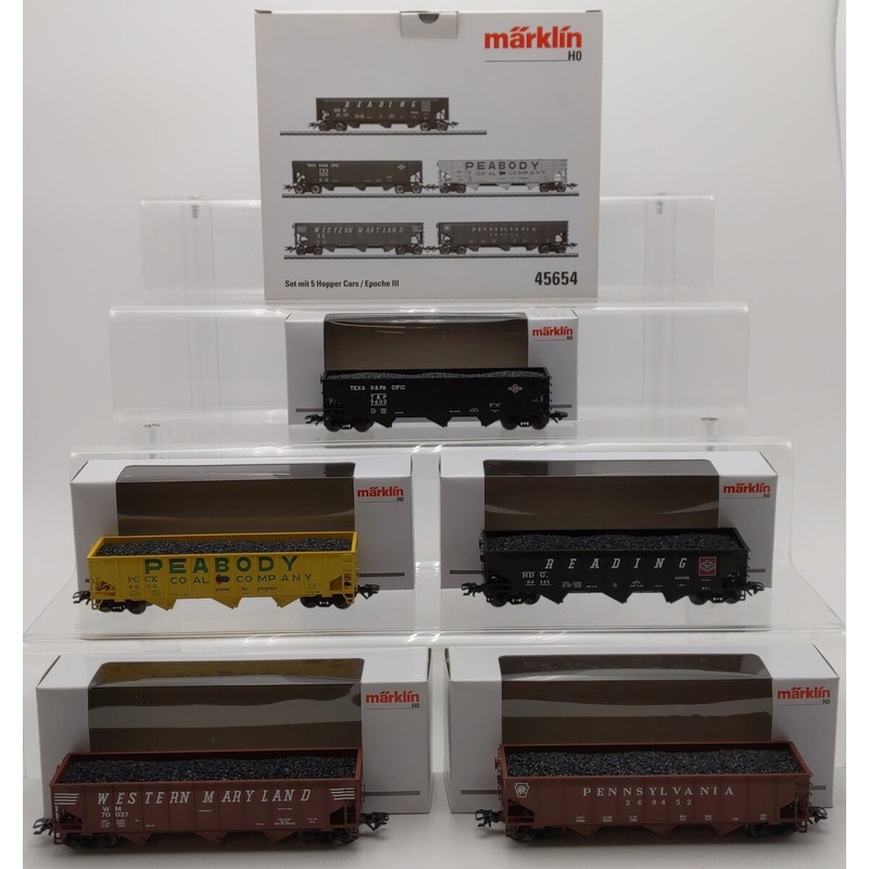Marklin 45654 HO Scale 5-Car Hopper Set (T&P, Peabody, WM, PRR, Reading) EX/Box