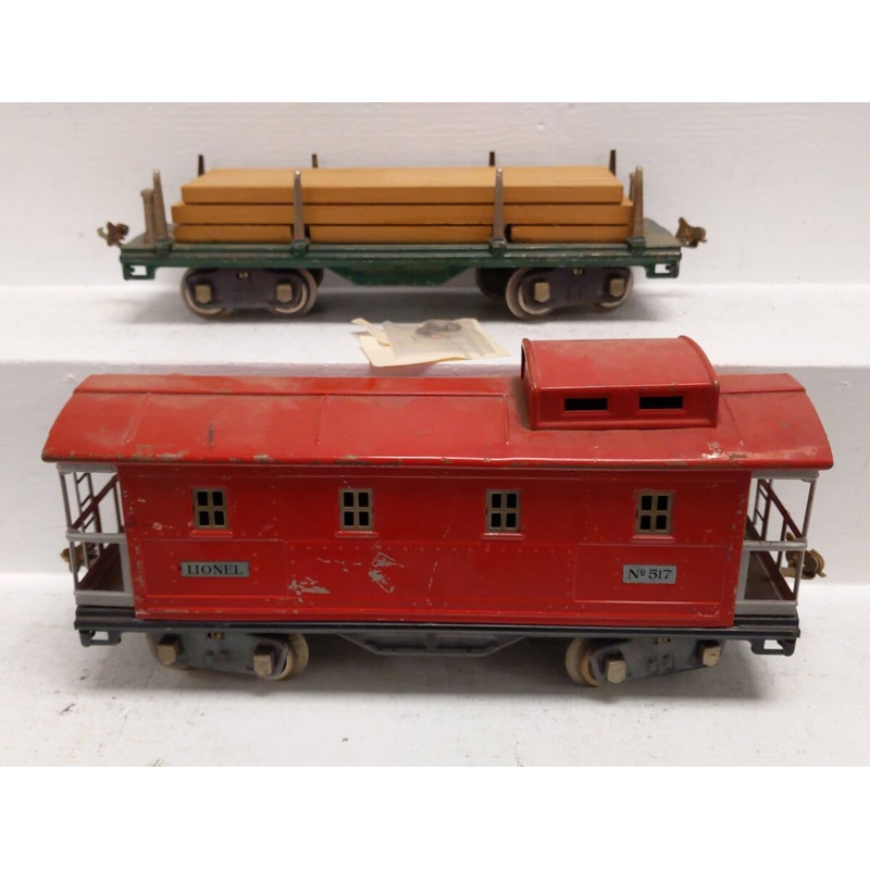 Lionel Vintage Standard 517 Green Caboose & 511 Lionel Lines Flatcar