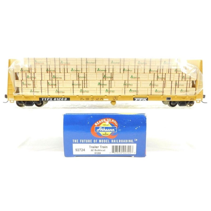 Athearn 92724 HO Scale TTX TTPX 60′ Bulkhead Flat Car w/ Wooden Load #81269 EX/Box