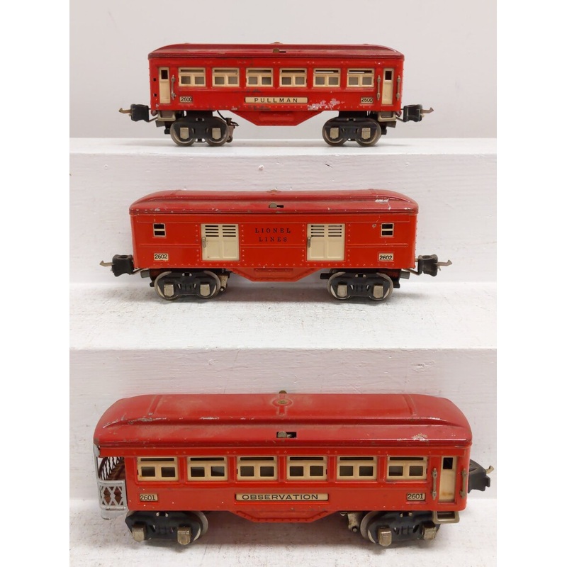 Lionel Vintage O Prewar Tinplate Passenger Cars: 2602, 2600, 2601 [3] VG