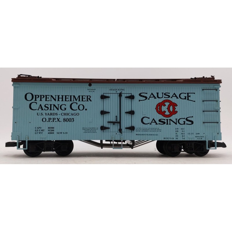 USA Trains 8003 G Scale OPPX Oppenheimer Casing CO. Reefer Box Car EX