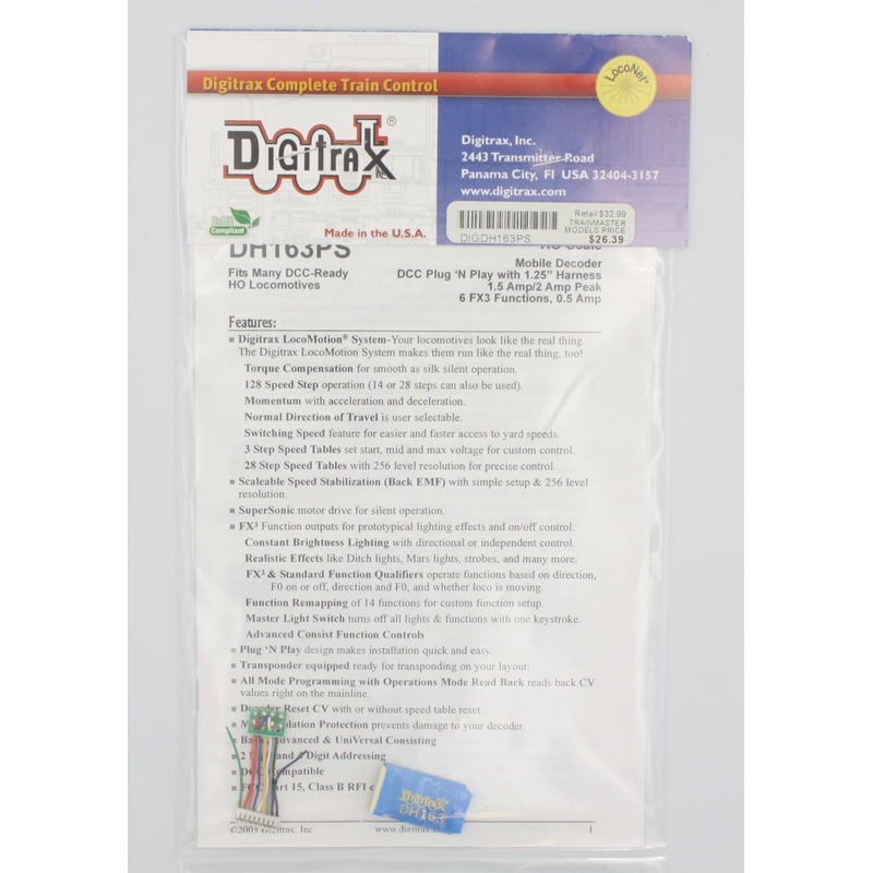 Digitrax DH163PS Mobile Decoder DCC 1.5 Amp with 1.25 Harness