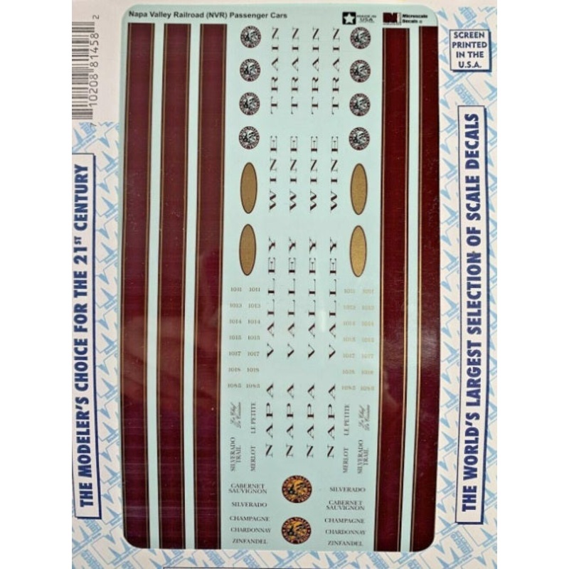 Microscale 87-1458 HO Napa Valley Railroad NVR Passenger Cars Decal Sheet