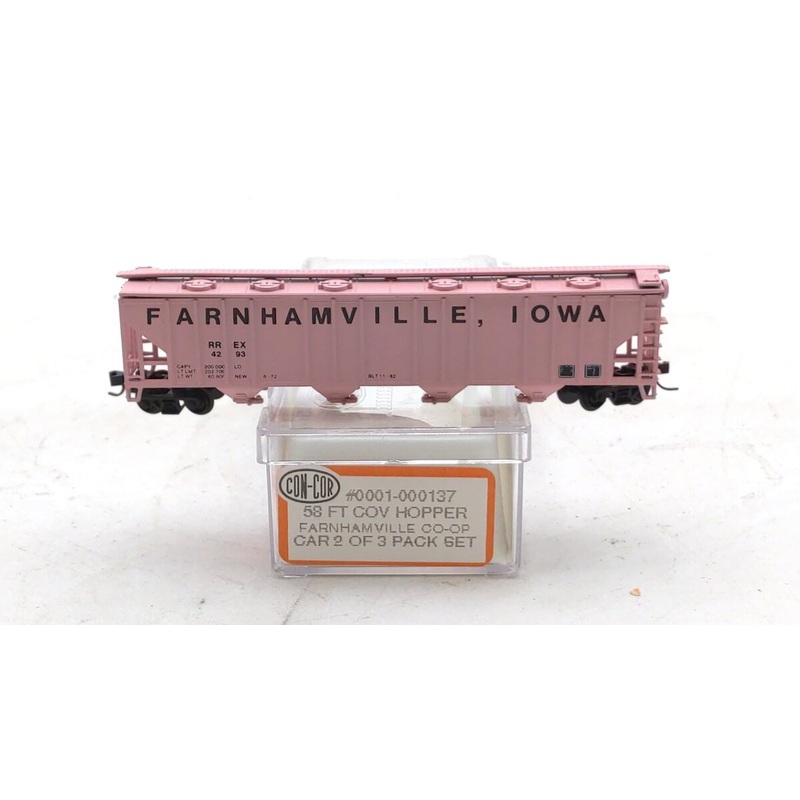 Con-Cor 0001-000137 N Scale Farnhamville Co-Op 58′ 4-Bay Covered Hopper #4293 LN/Box