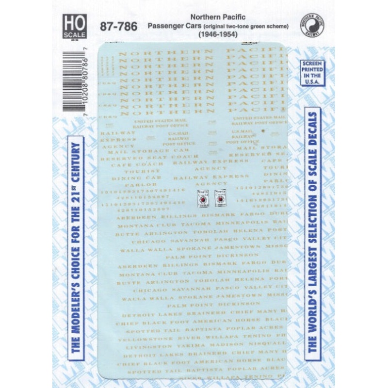 Microscale 87-786 HO Scale Northern Pacific Passenger Car 1946-54 Decal Sheet