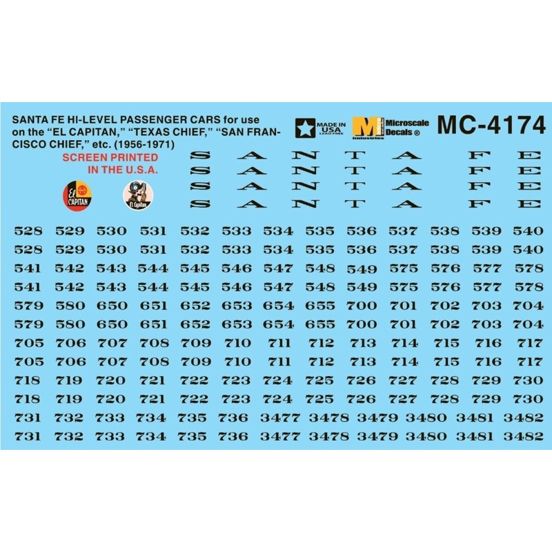 Microscale MC-4174 HO Santa Fe Hi-Level Passenger Car El Capitan 1956-1970 Decal