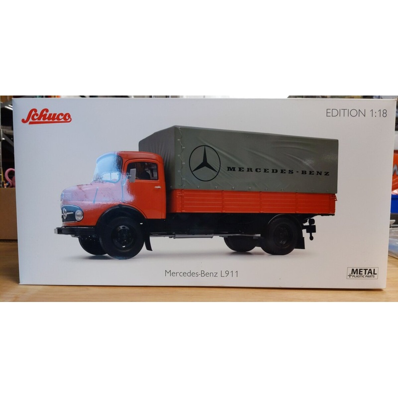 RARE 1/18 Schuco Mercedes-Benz L911 1952 MHI Orange Flatbed Truck & Cover