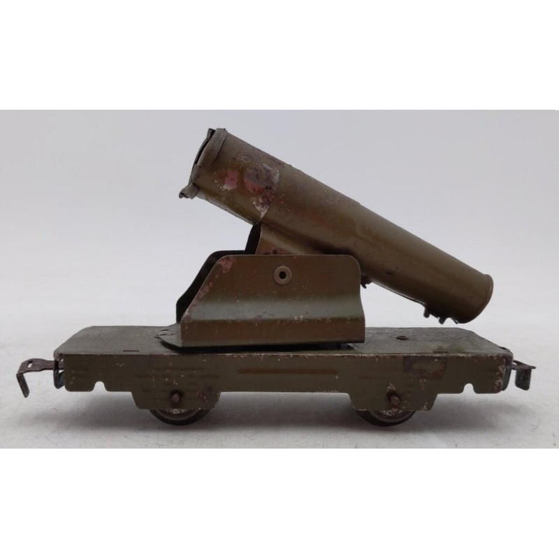 Marx Prewar O-Gauge Train Olive Drab Army 4-Wheel Tin Flat Car w/ Operation Car