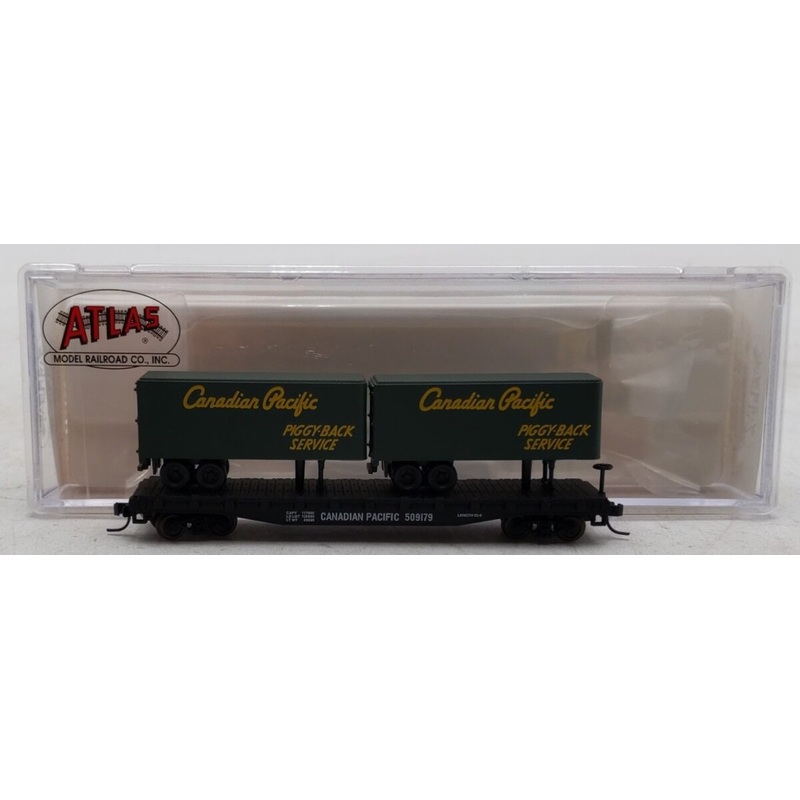 Atlas 37552 N Gauge Piggyback Flat With 2 24′ Trailers Canadian Pacific #509179 LN/Box
