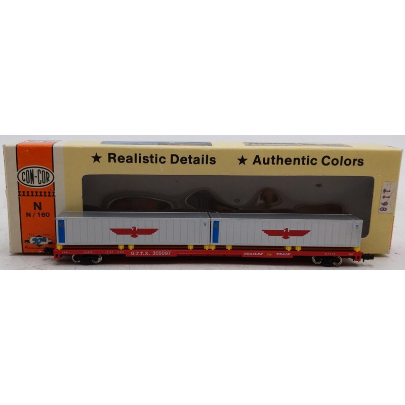 Con-Cor 0001-01207A N Scale 90′ Piggyback Flatcar w/ 2 Sea Containers EX/Box