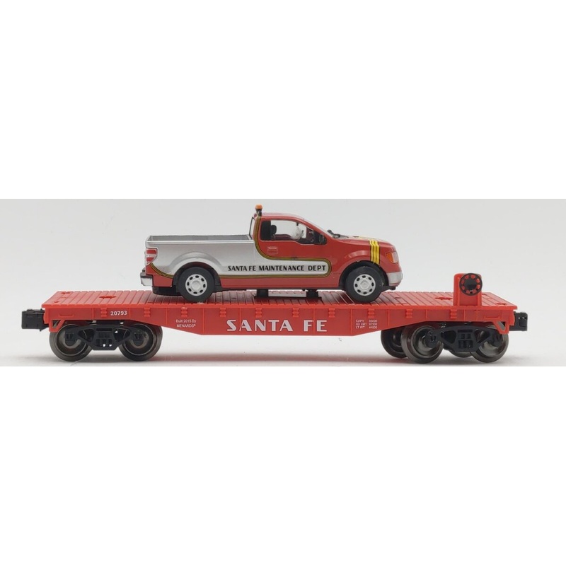 Menards O Scale Santa Fe Flat Car #20793 w/Ford F150 Santa Fe Maintenance Truck LN
