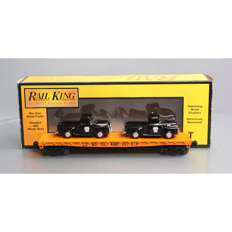 MTH 30-76671 O Long Island Flat Car with 2 ’53 Ford Pickup Trucks LN/Box