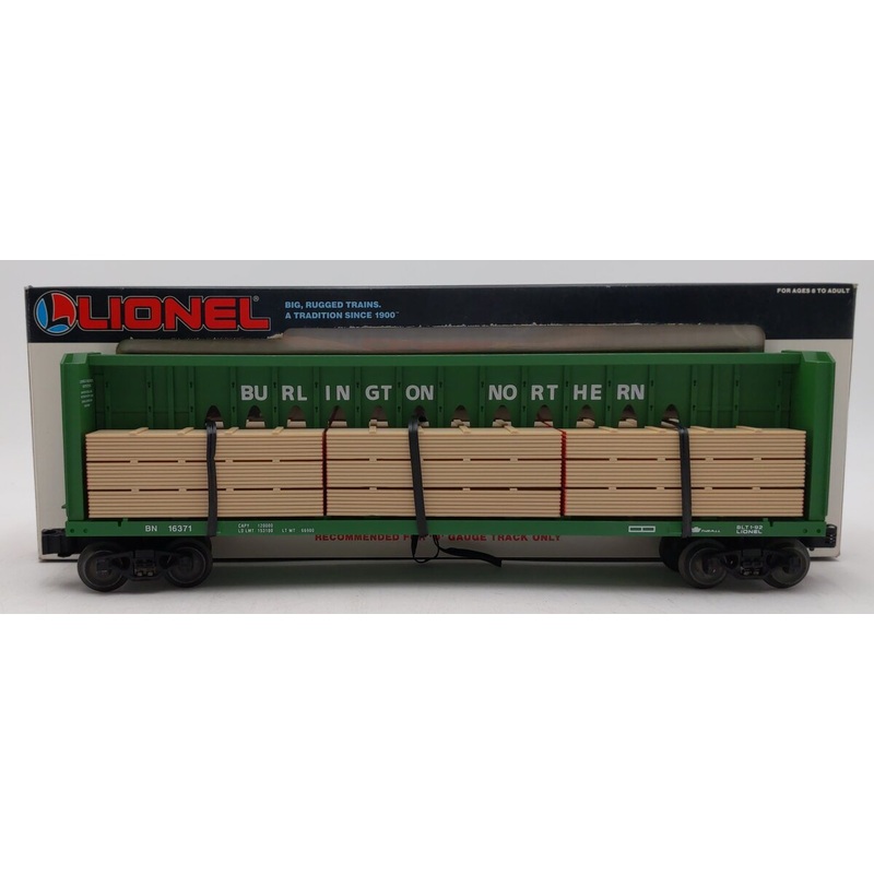 Lionel 6-16371 O Gauge Burlington Northern I-Beam Flat Car #16371 w/Wood Load EX/Box