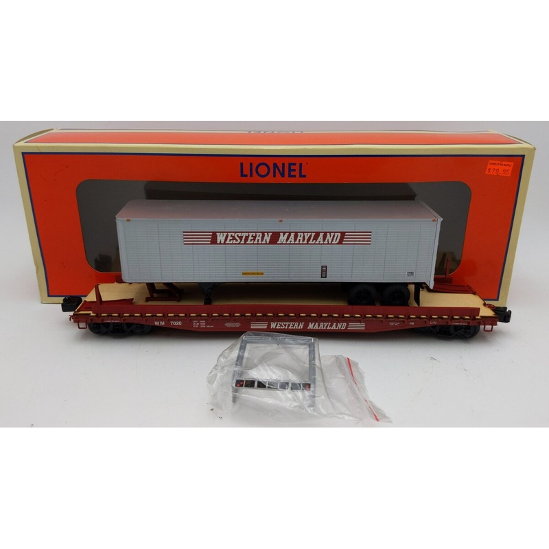 Lionel 6-82843 O Western Maryland 40′ Flatcar W/ Trailers EX/Box