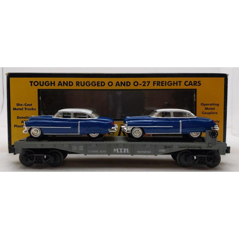 MTH 30-7607L O Gauge MTH Flatcar with Two Ertl ’52 Cadillacs EX/Box
