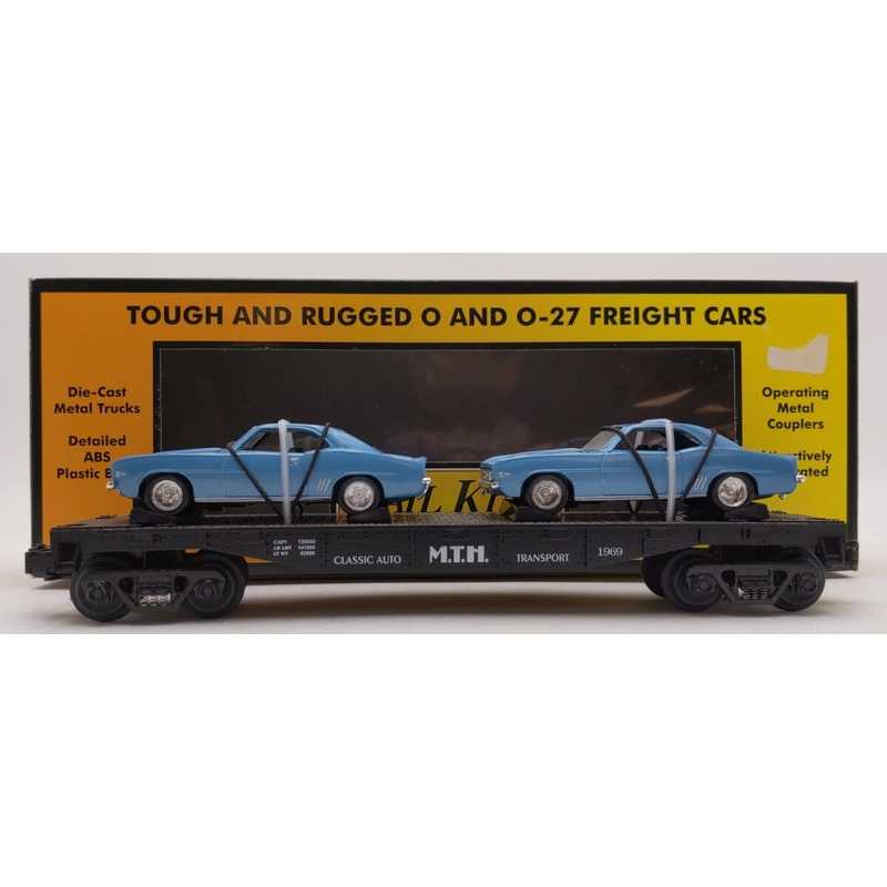 MTH 30-7634 O Gauge MTH Auto Transport Flatcar w/2 Ertl ’69 Chevrolet Camaros LN/Box