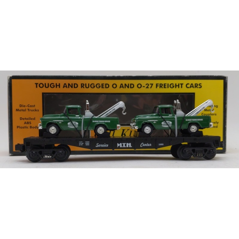 MTH 30-7615 O Gauge MTH Service Center Flatcar with 2 Ertl 1955 Cameo Wreckers EX/Box