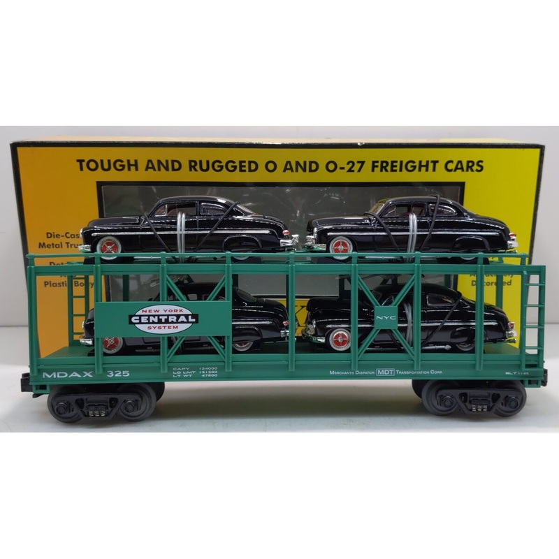 MTH 30-7682 O Gauge New York Central Auto Carrier #325 with 4 Ertl 1949 Mercurys EX/Box