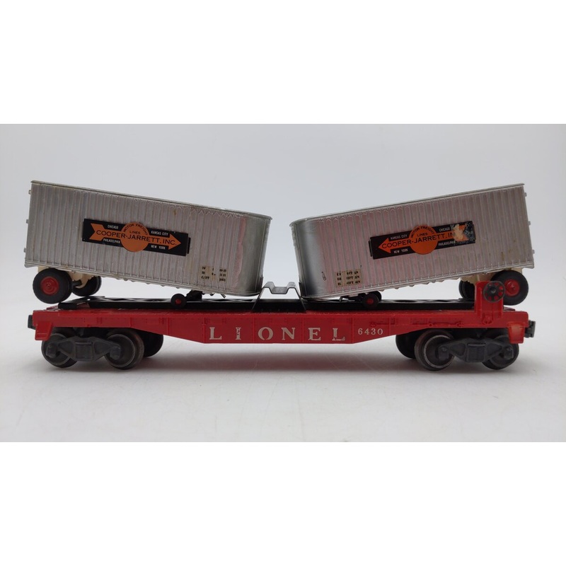 Lionel 6430 Vintage O Flatcar with 2 Gray Cooper Jarrett Trailer Vans VG