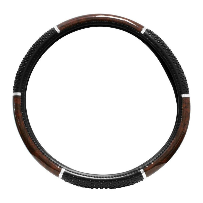 18 steering wheel cover dark wood w/black hand grips truck semi universal 54041