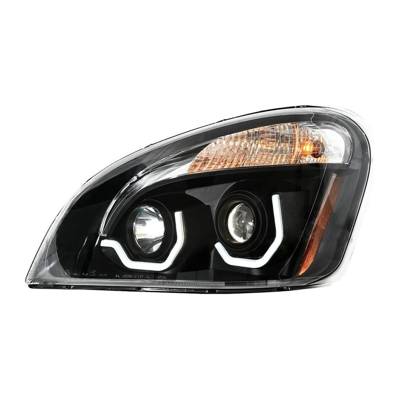 89402 – 89403 PAIR FREIGHTLINER CASCADIA BLACKED PROJECTOR HEADLIGHT W/WHITE LED RUNNING LIGHT