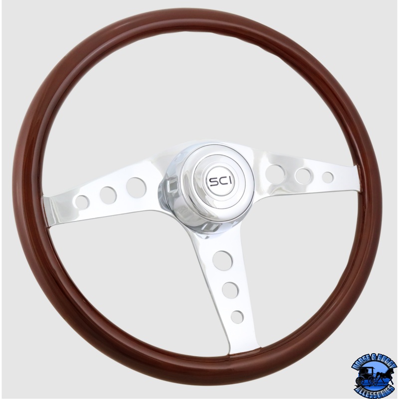 277-3003-77502 Steering Creations 18” Racer Mahogany Rim Chrome 3-Spoke Steering Wheel w/ Round Cut Outs