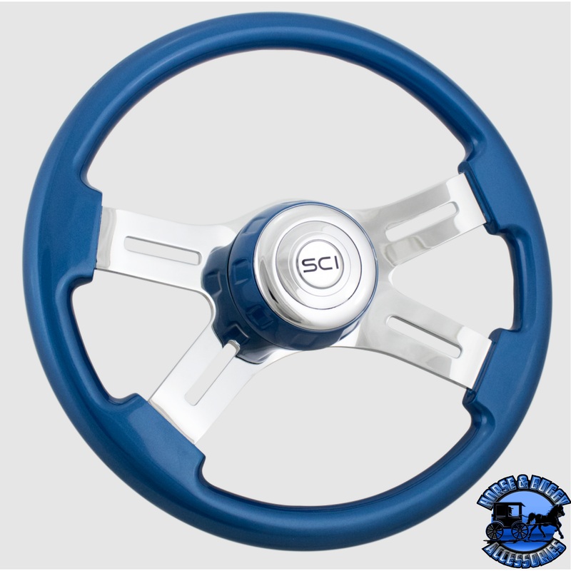 508-3081-77502 Steering Creations 16 Classic Blue Painted Wood Rim, Chrome 4-Spoke w/Slot Cut Outs, Blue Bezel Wheel
