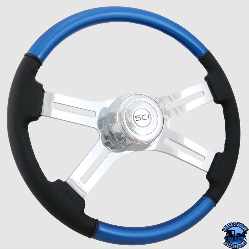 Steering Creations Classic Combo Blue – 18 Wood & Leather Rim 4-Spoke Wheel (3-Hole)
