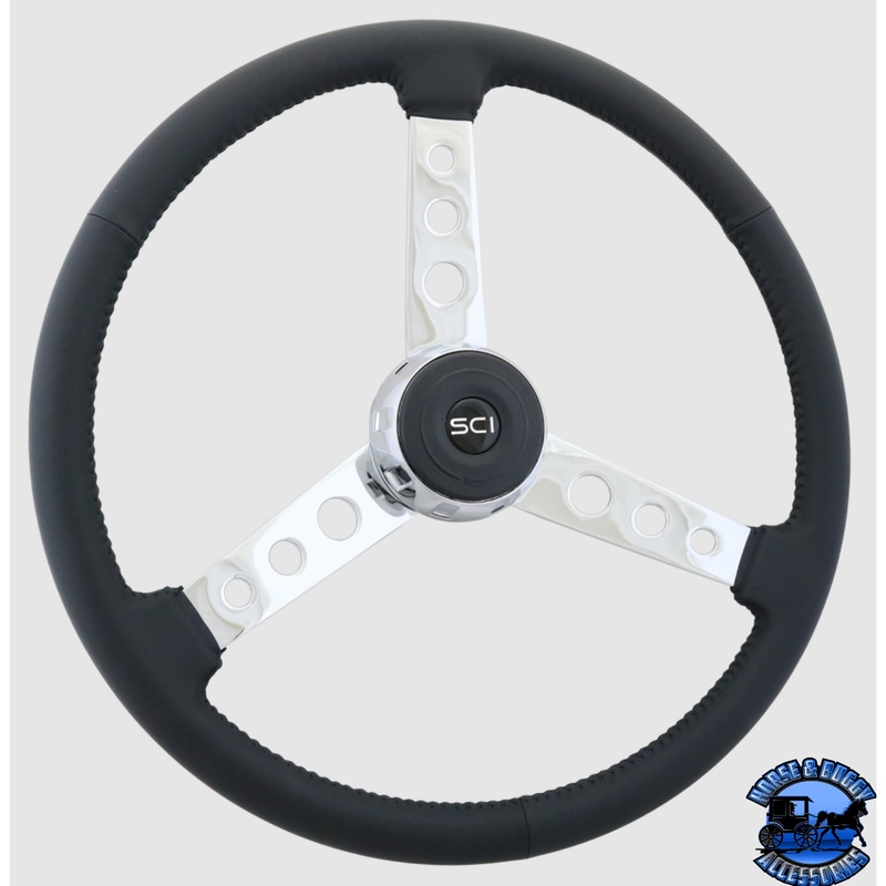 359-3053-77004 Steering Creations Old School 20 Black Leather Rim Chrome 3-Spoke w/Round Cut Outs Wheel