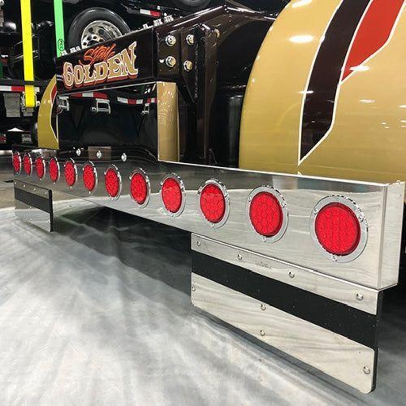 Iowa Customs (Reverse t bar) rear bumper w/12 4 light holes across bottom. stainless with internal bracing. #IC-975020-14