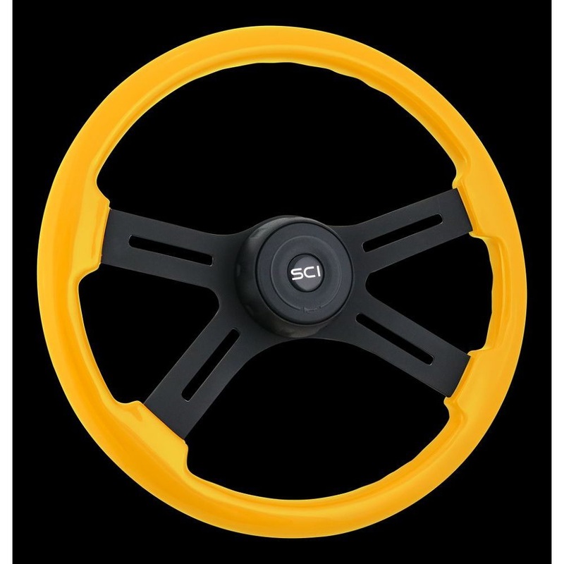 sc-444-3015-77004 18 Classic Yellow Painted Wood Rim w/ Resin Overcoat, Black Powder Coated 4-Spoke w/Slot Cut Outs, Black Textured Bezel, SCI Black Horn Button