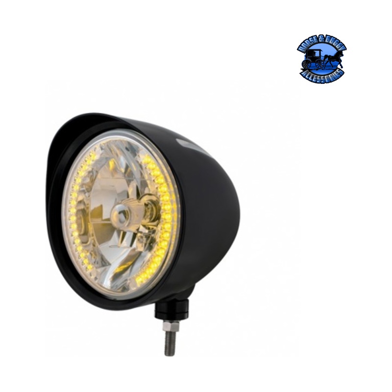 Black Billet Style Groove Headlight With Visor H4 Bulb With 34 Amber LED #32681