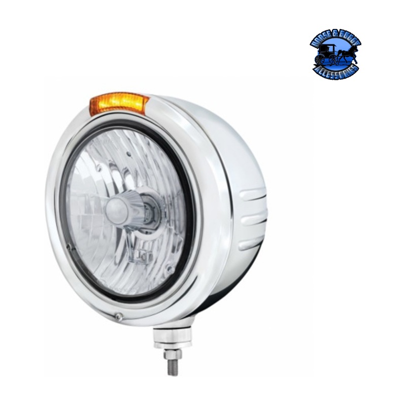 STAINLESS STEEL CLASSIC EMBOSSED STRIPE HEADLIGHT CRYSTAL H4 & DUAL MODE LED SIGNAL (Choose Color)