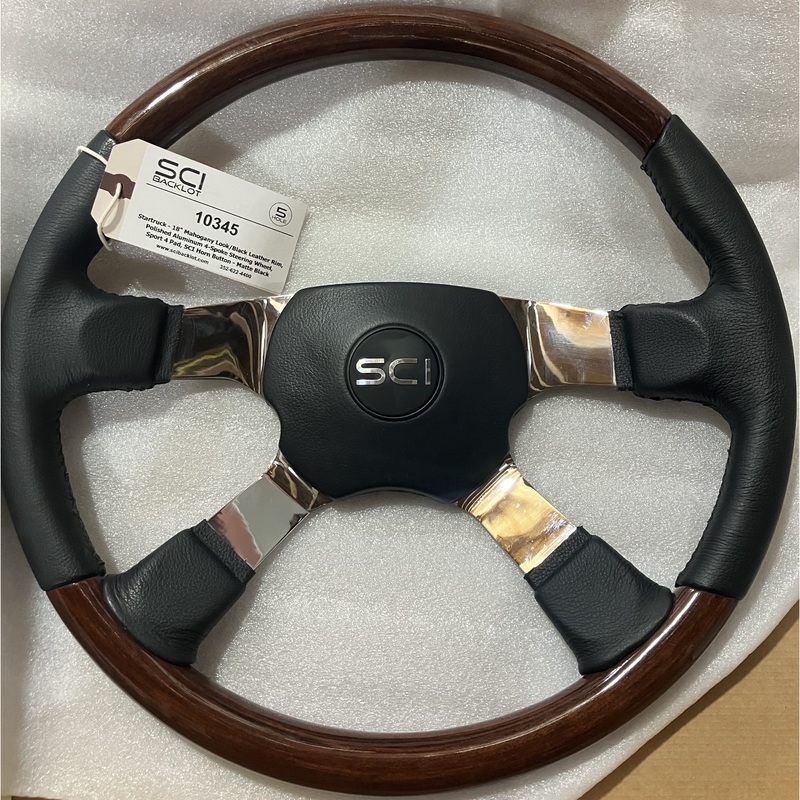 SC-10345 Startruck – 18 Mahogany Look/Black Leather Rim, Polished Aluminum 4-Spoke, Sport 4 Pad, SCI Horn Button – Matte Black *light scratches*